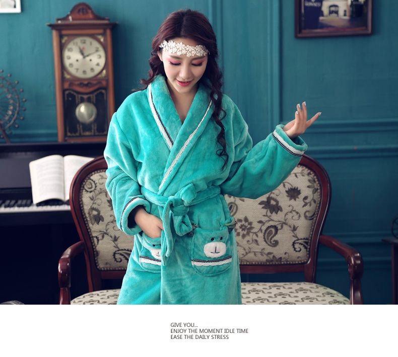 茜 靓 Áo choàng nữ mùa đông Áo choàng hoạt hình dễ thương Áo choàng dài Flannel Bộ đồ ngủ độn màu rắn Ngọc lục bảo áo choàng ngủ nam