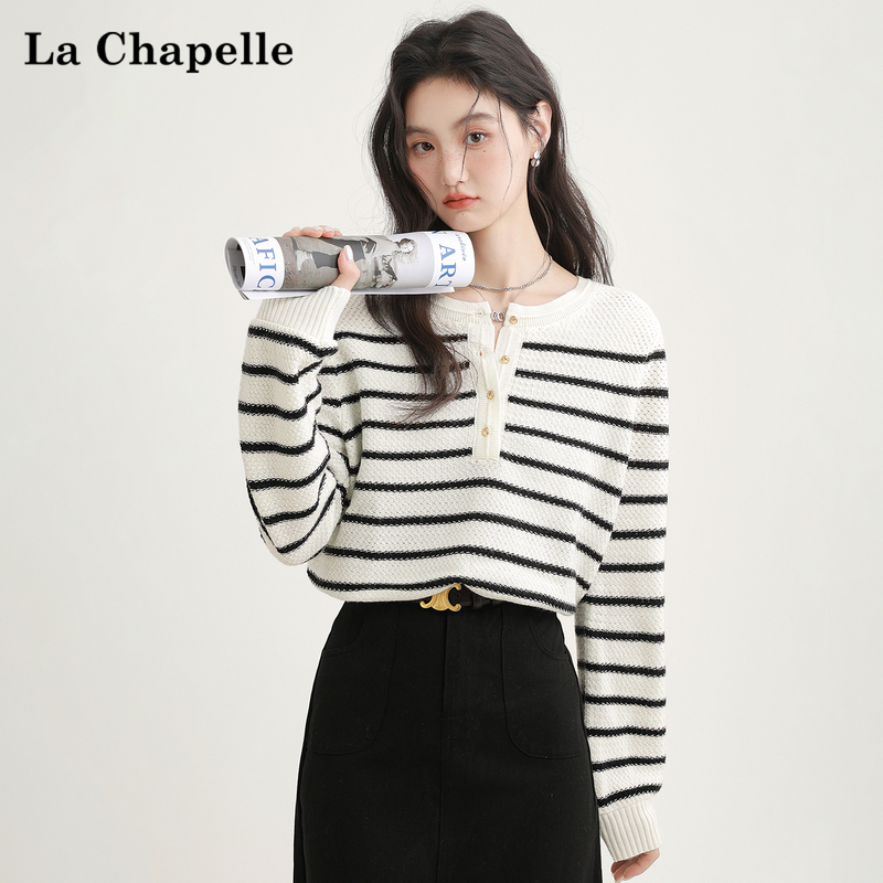 La Chapelle Black and White Striped Long-Sleeved Knit Sweater for Women 2026 Spring and Autumn New Loose Inner Layer Pullover Top La Chapelle Black and White Striped Long-Sleeved Knit Sweater for Women 2026 Spring and Autumn New Loose Inner Layer Pullover Top