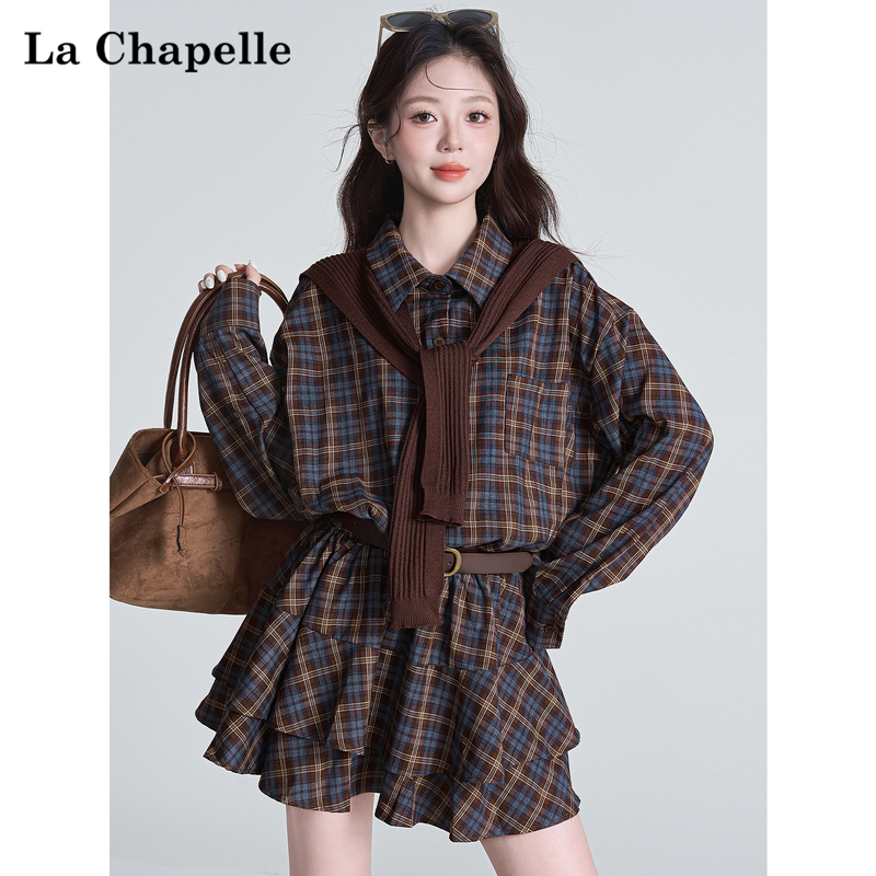La Chapelle Preppy Style Retro Plaid Shirt Dress for Women 2026 Spring Waist-Cinching Plaid Mid-Length Shirt Top
