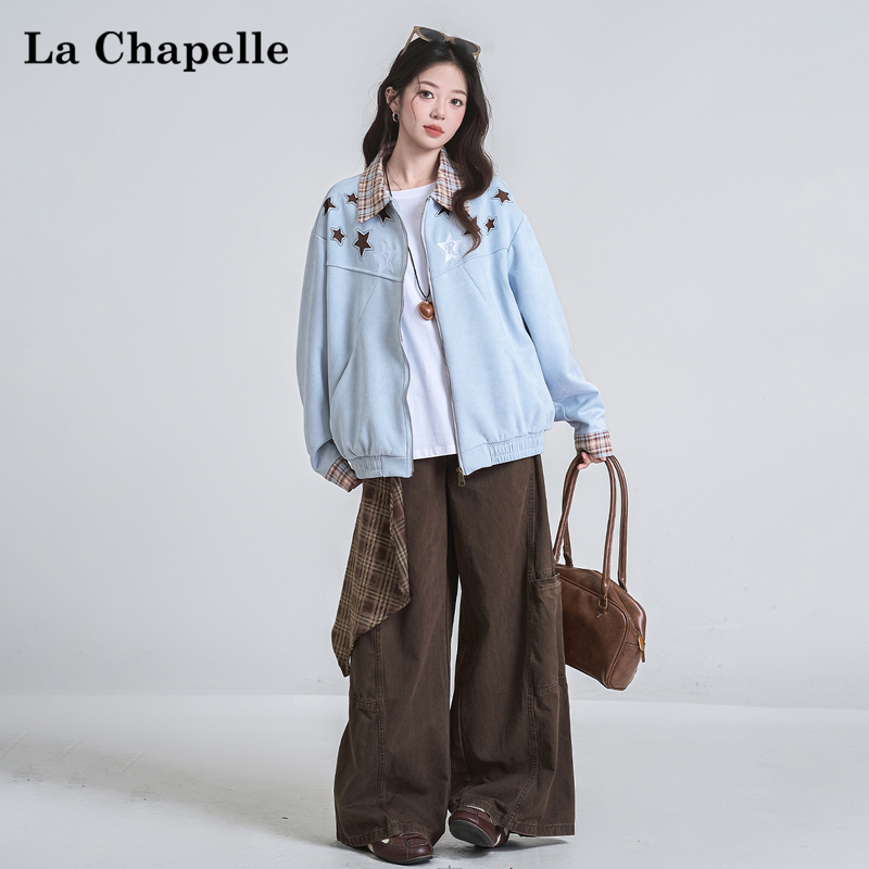 La Chapelle Plaid Patchwork Lapel Cardigan Jacket for Women 2026 Spring Loose Star Embroidery Baseball Jacket
