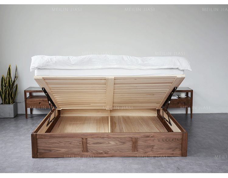 Giường gỗ rắn Bắc Âu hiện đại tối giản tối giản óc chó màu đen giường cao áp gỗ sồi 1,8 m giường đôi - Giường giường kéo thông minh