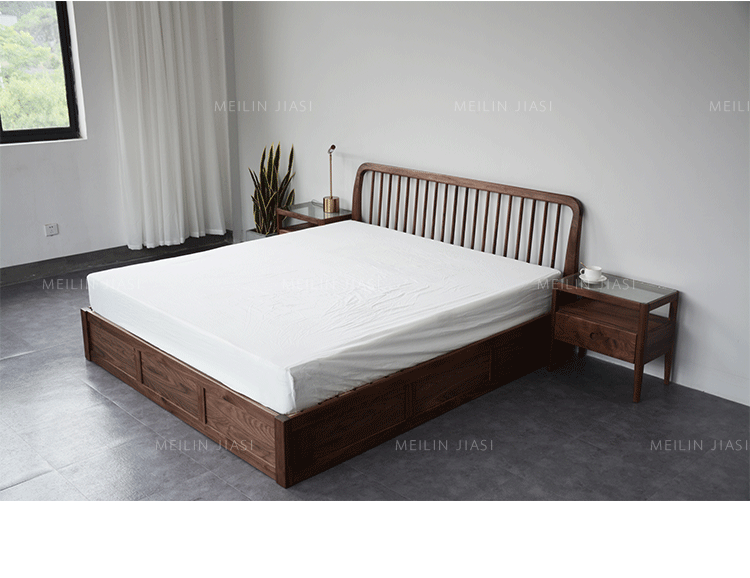 Giường gỗ rắn Bắc Âu hiện đại tối giản tối giản óc chó màu đen giường cao áp gỗ sồi 1,8 m giường đôi - Giường giường kéo thông minh