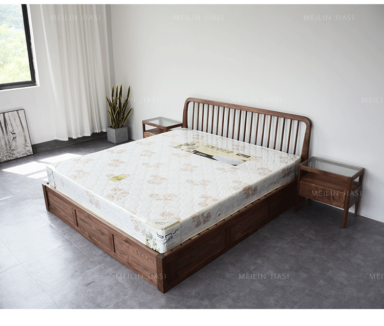 Giường gỗ rắn Bắc Âu hiện đại tối giản tối giản óc chó màu đen giường cao áp gỗ sồi 1,8 m giường đôi - Giường giường kéo thông minh