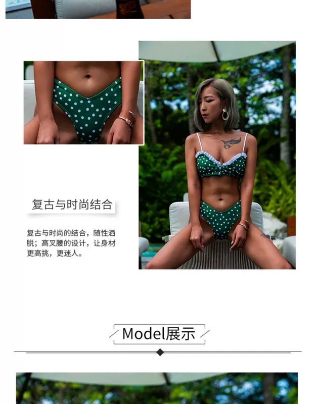 Màu xanh lá cây nguyên bản của ForestOcean chấm bi gió eo cao gợi cảm retro tập hợp bikini chia áo tắm - Bikinis