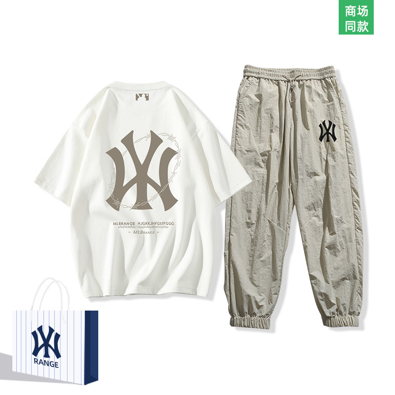 Outlet Pure Cotton Short-Sleeve T-Shirt and Ice Silk Pants Set, a Set of Matching Men's Summer Casual Sports New Trendy Style