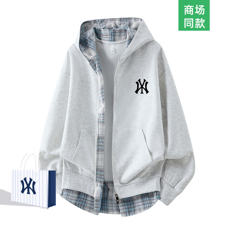 Outlet Fake Two-Piece Hooded Plaid Sweatshirt for Men and Women, New Loose-Fitting Versatile Trendy Brand Couple Cardigan for Spring and Autumn