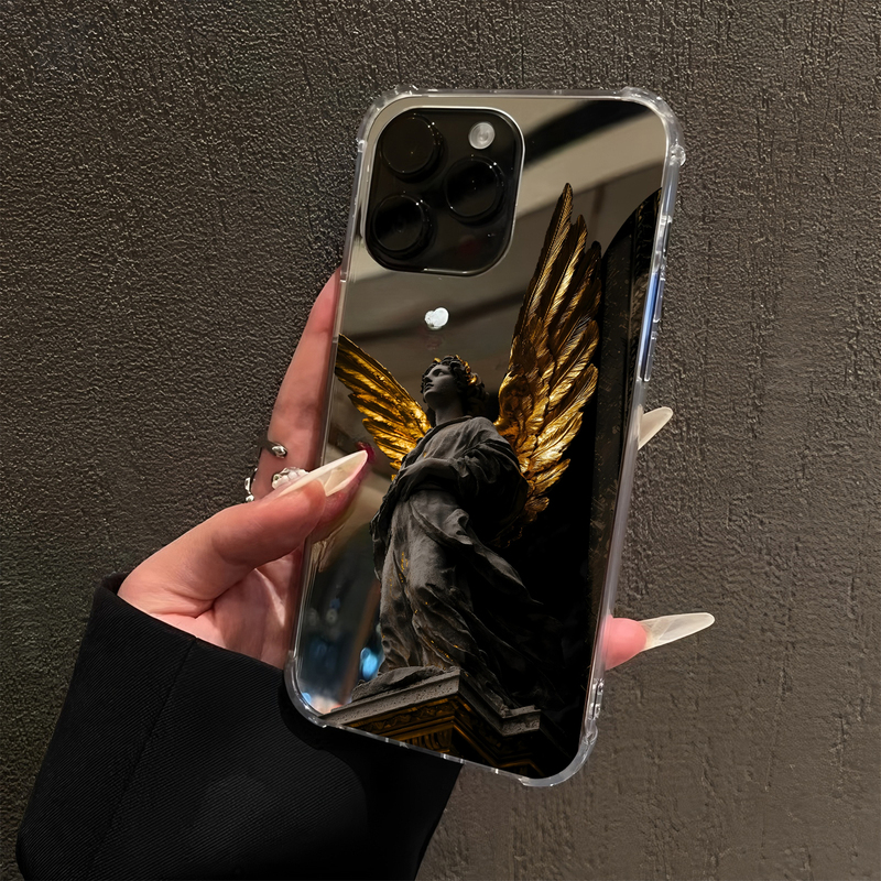 Creative Art Gold Wing Statue Suitable for Iphone16Pro Mirror 15Promax Simple 14Pro Apple 11 Mobile Phone Case Xsmax Makeup 13 Couple 7/8Plus Fortune 12 Mirror