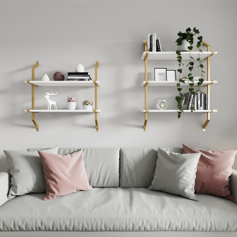 Nordic wall shelf wrought iron solid wood wall bookshelf multi-layer partition living room background wall hanging decoration storage