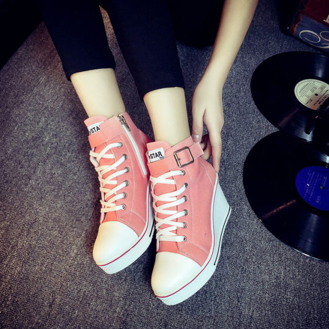 Korean ulzzang wedge canvas shoes 8 cm high heel Korean style zipper lace high top inner heightening casual women's shoes