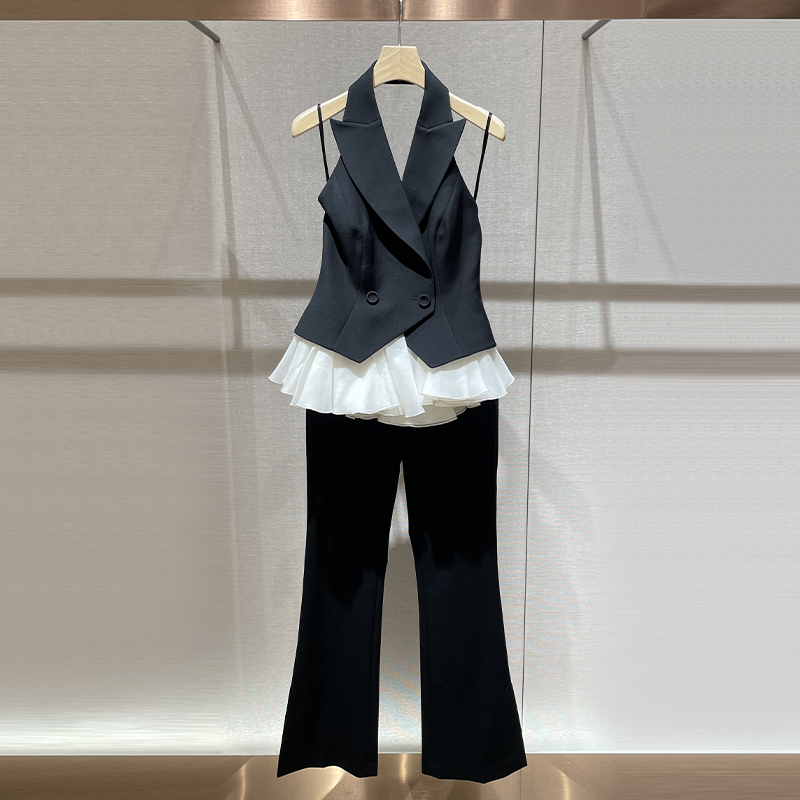 Cool and Stylish Sister Outfit Set 2026 Spring/Summer New Color-Blocked Backless Blazer Vest and Flared Pants Two-Piece Set
