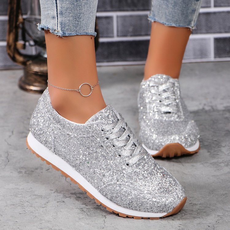 Foreign Trade Large Size Flat Casual Sports Shoes for Women 2025 New European and American Sequin Lace-Up Amazon Cross-Border Shoes