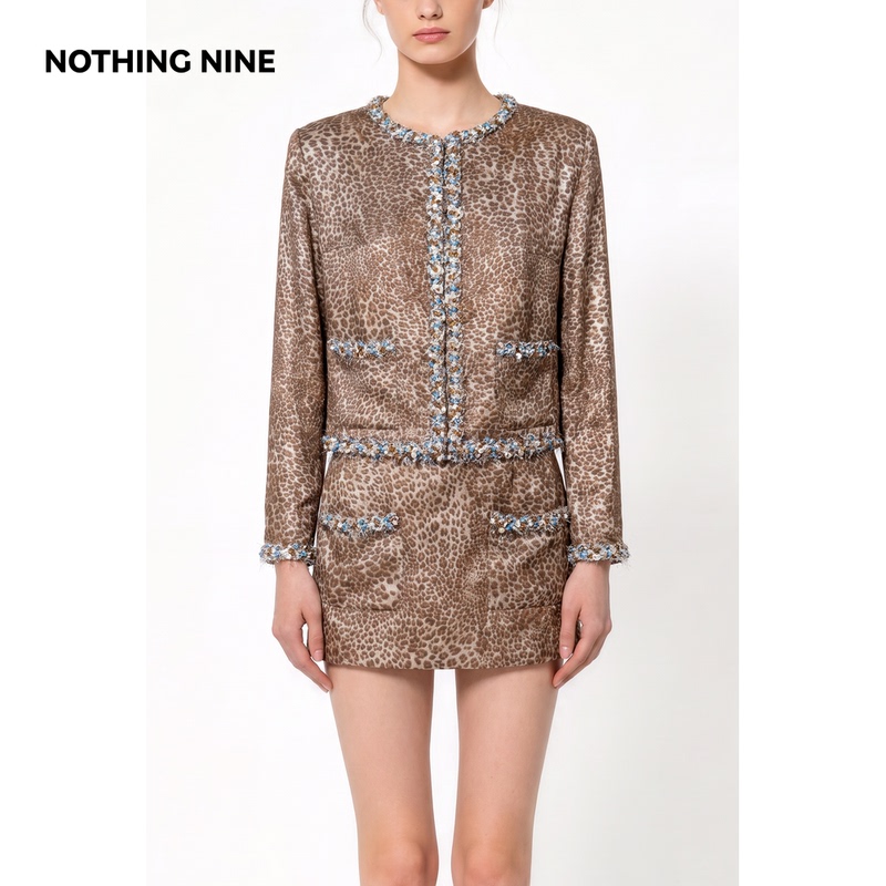 Nothingnine Leopard Print Blue-Edged Sequin Leopard Print Short Jacket