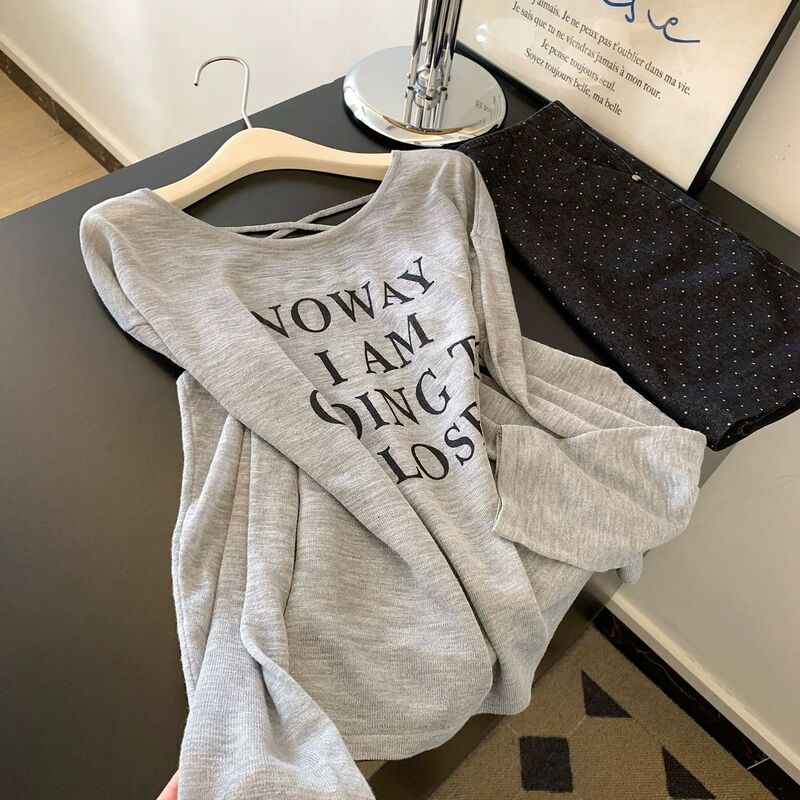 Gray Letter Print Backless T-Shirt Sun Protection Cover-Up Sheer Long-Sleeve Thin Top Women's Versatile Summer Loose T-Shirt Gray Letter Print Backless T-Shirt Sun Protection Cover-Up Sheer Long-Sleeve Thin Top Women's Versatile Summer Loose T-Shirt