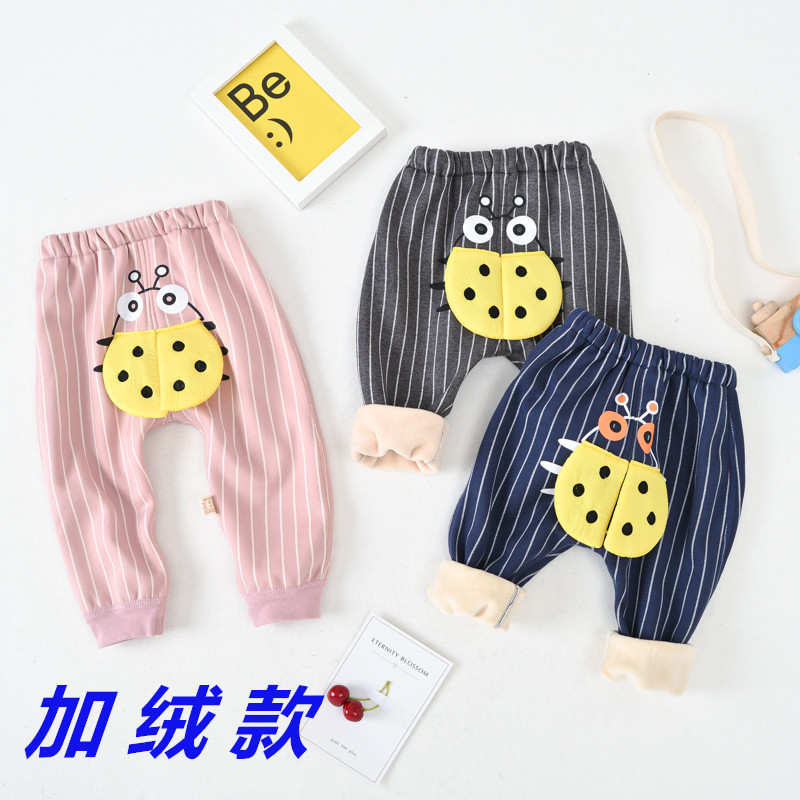 Baby warm pants plus velvet spring, autumn and winter boys and girls wear pants thick can open the baby belly pants