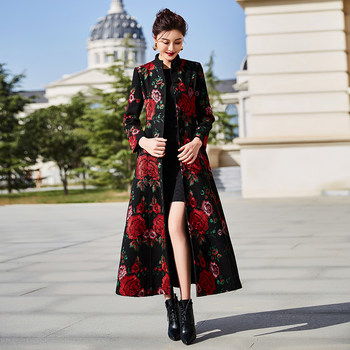 首尚衣品刺绣大衣女新款过膝修身收腰加厚长款羊绒毛呢外套女黑色