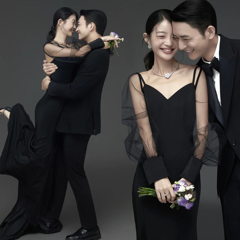 Studio indoor minimalist theme clothing wedding photography couple photo shoot black simple suspender fishtail dress