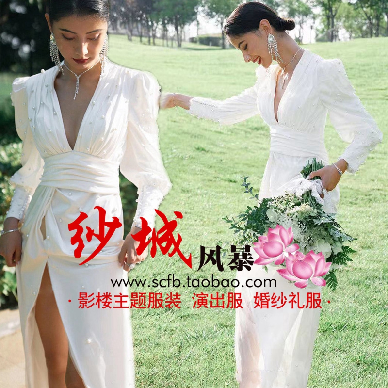 Photo Gallery Themed Clothing Exterior View Brigade Slapping Deep V Lead Long Sleeve Wedding photography lovers Write a real photo Pearl Dress
