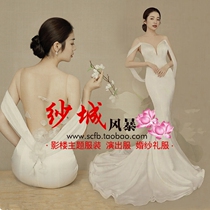 2020 photo studio retro Chinese Photo Wedding Photo Studio theme dress backless meticulous painting wind photo fishtail dress