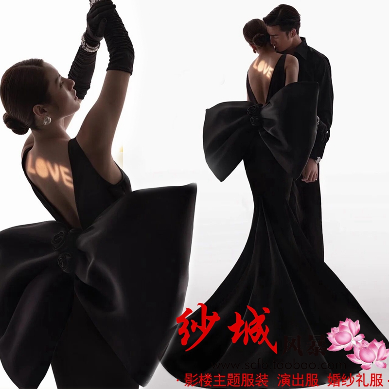 2020 photo studio wedding couple theme photography clothing fashion retro mermaid deep V black satin photo dress