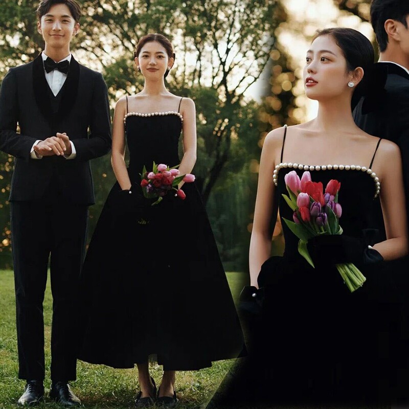 Photo studio black location velvet suspenders skirt theme wedding photography clothing couple forest retro dress