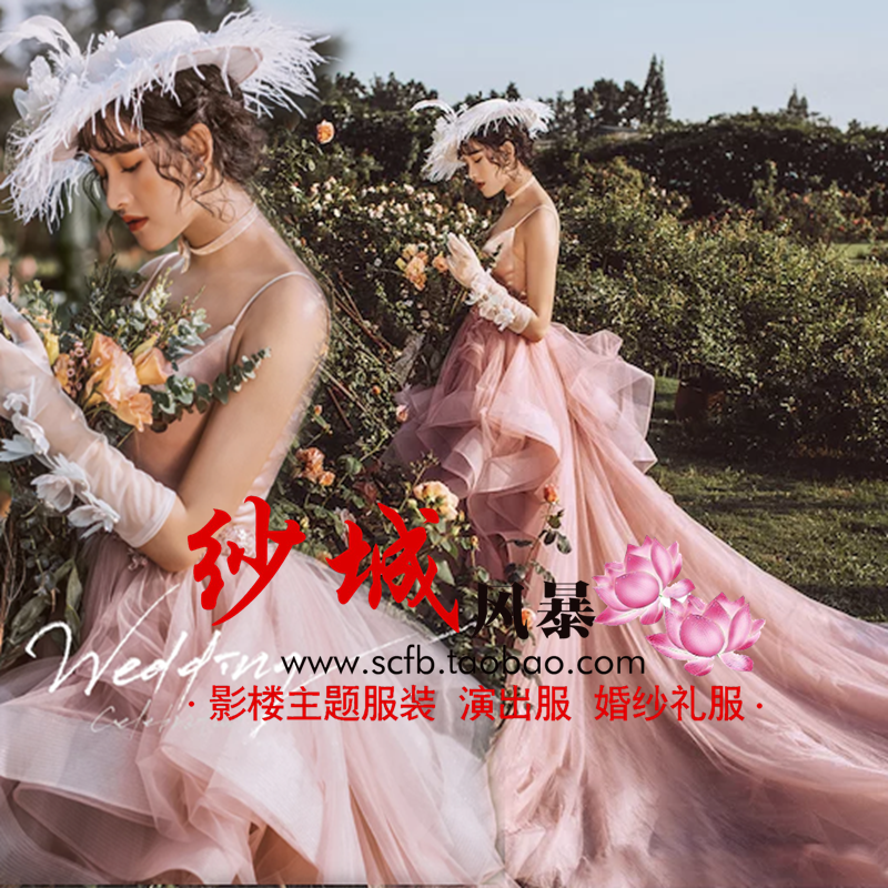 2019 new theme wedding photo studio couple photography clothing travel photography sweet pink suspender long tail dress
