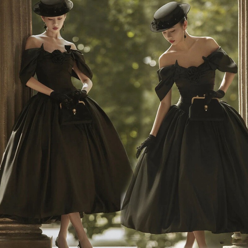 Photo studio theme clothing light retro Hepburn style wedding photography French photo black photo fluffy skirt dress