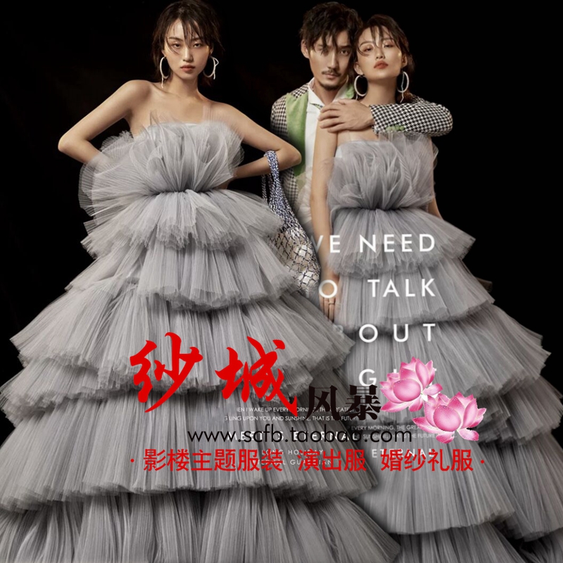 Exhibition new photo studio theme wedding couple photo cake skirt clothing gray tube top fluffy skirt dress