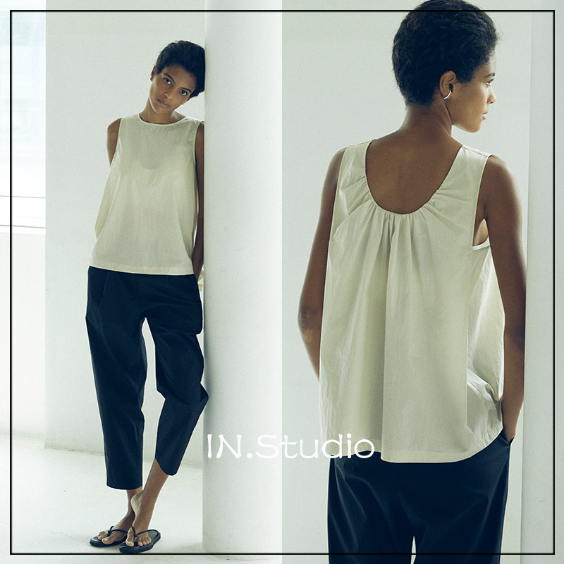 INstudio21 Summer Korean designer brand HAVEC new pure color round collar sleeveless pleated vest 2 colors