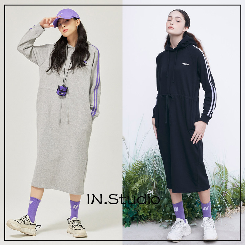 (Official Mandate) INstudio21 Autumn Korea NERDY Lianhood side strip waist pumping rope foreign dress