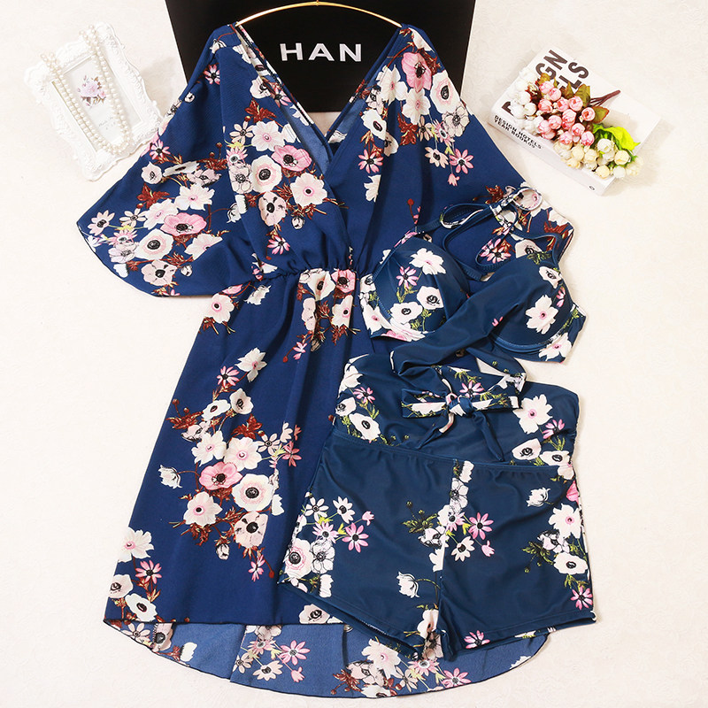 Swimsuit women's two-piece skirt large size thin belly fat m200 pounds Korean long version blouse three-piece set hot spring big chest