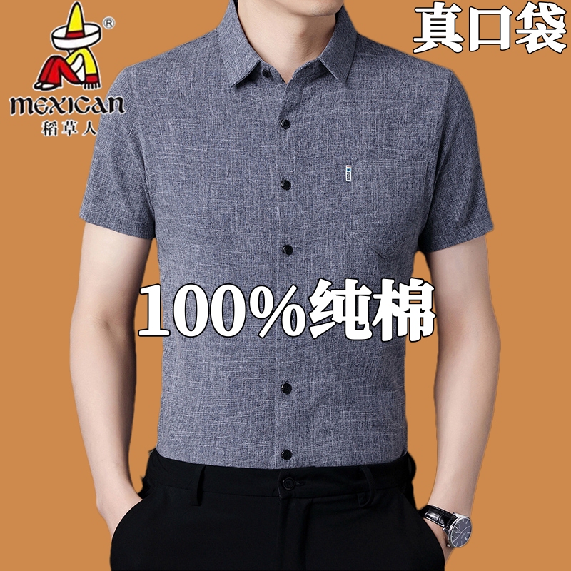 Scarecrow Short-Sleeve Shirt for Men, Pure Cotton with Pockets, Middle-Aged Business Wrinkle-Free Shirt, Summer Shirt for Dad