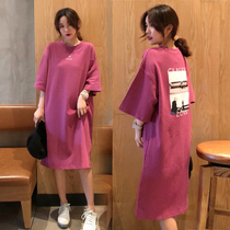 Korean maternity dress summer top loose short sleeve mid-length maternity summer skirt T-shirt dress tide hot mom summer dress