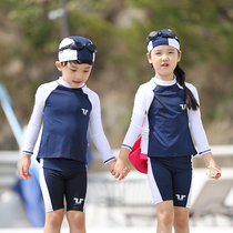 Men and women diving bathing suit jellyfish clothing split long sleeve sunscreen hot spring five-point swimming pants cap small childrens clothing Blue