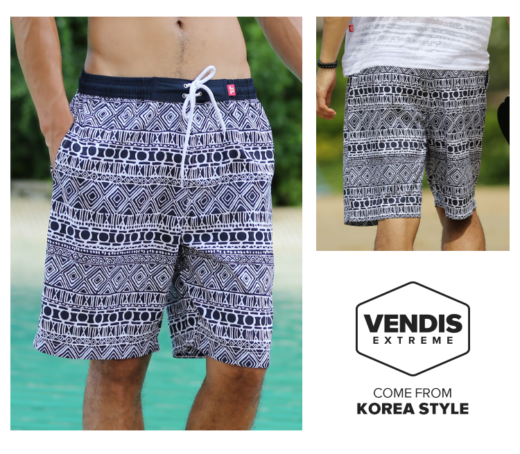 VENDIS EXTREME quần short bãi biển đôi nam khô nhanh kỳ nghỉ cha mẹ-trẻ em quần bơi năm điểm retro màu đen 	quần dài đi biển	