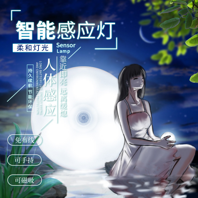 Smart human induction LED small night light wireless self-adhesive infrared induction photosensitive rechargeable home aisle floor