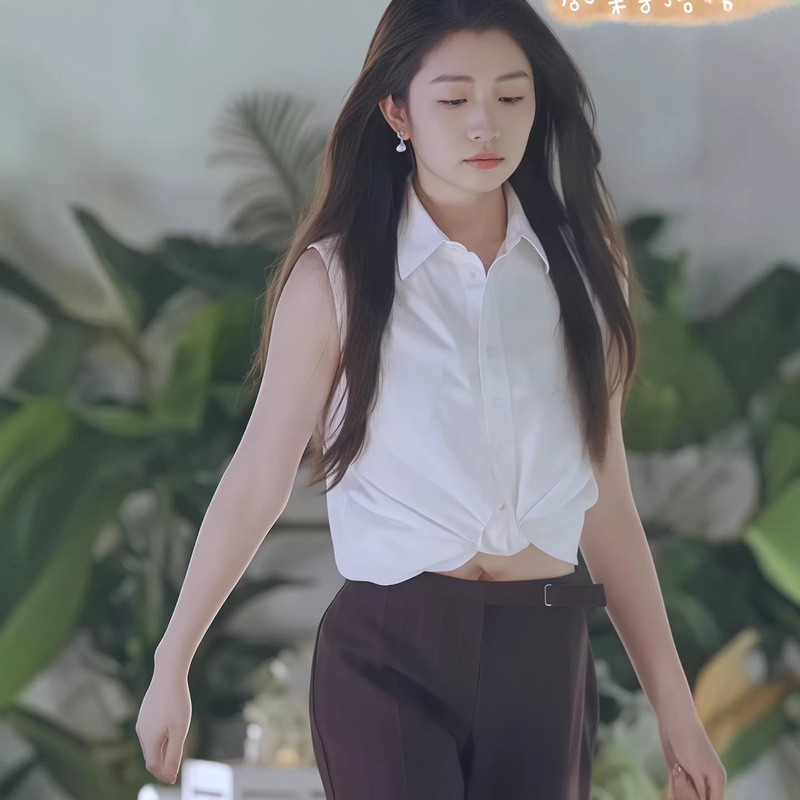 No-Iron Anti-Wrinkle Xu Ru Lan Celebrity Style Polo Collar French Niche Commuter Workwear Style Sleeveless White Shirt Top