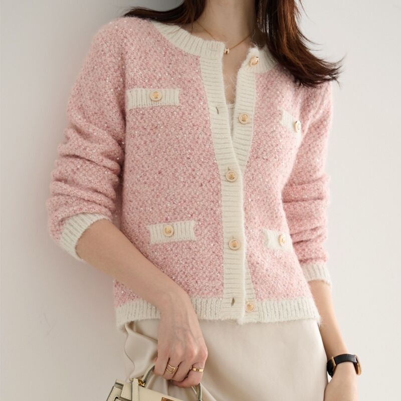 Pink Gold Sequin Sweater Jacket for Women, Autumn and Winter Outerwear, Elegant Short Top, Shiny Knit Cardigan, Thick Pink Gold Sequin Sweater Jacket for Women, Autumn and Winter Outerwear, Elegant Short Top, Shiny Knit Cardigan, Thick