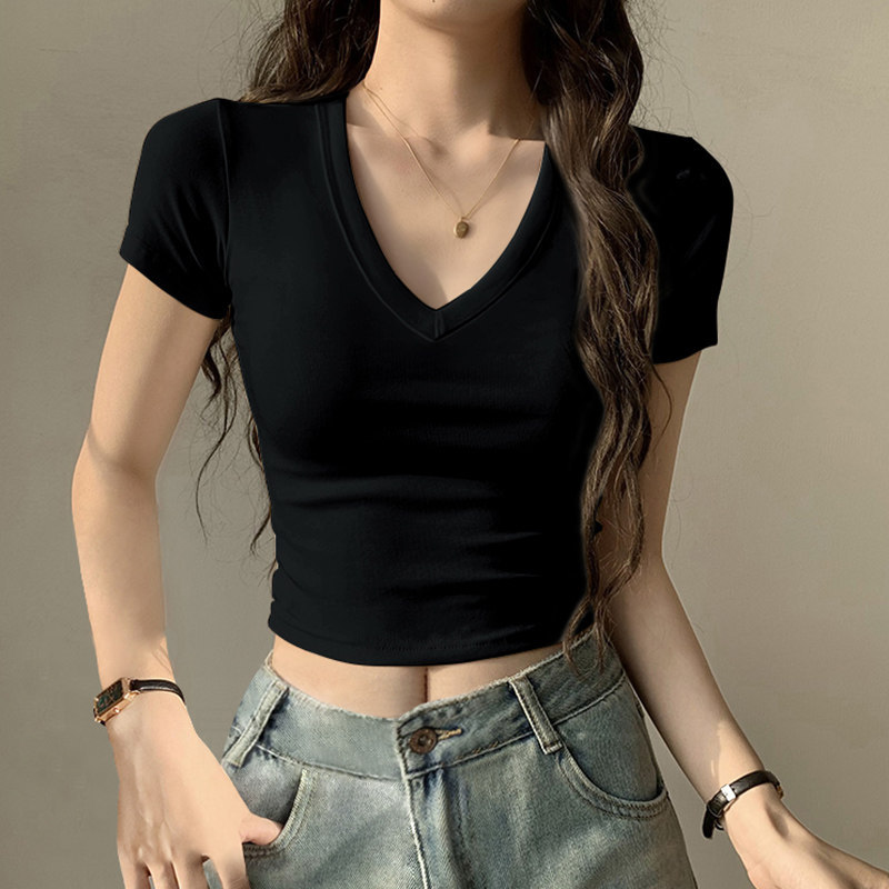 V-Neck Black T-Shirt for Women, Short-Sleeved, 2026 Summer New Style, Slim Fit, Versatile, Base Layer, Short Crop Top, Trendy