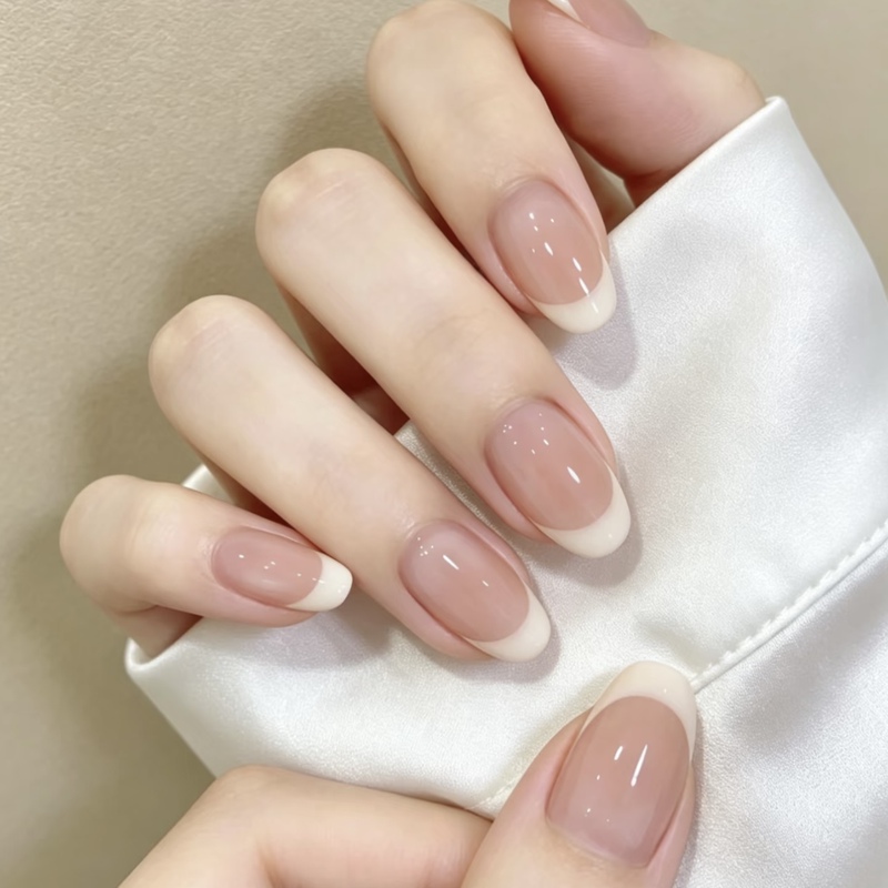 Handmade Wearable Nails, Elegant Short Oval Almond-Shaped White Nude French Manicure, Removable Finished Nail Patches Handmade Wearable Nails, Elegant Short Oval Almond-Shaped White Nude French Manicure, Removable Finished Nail Patches