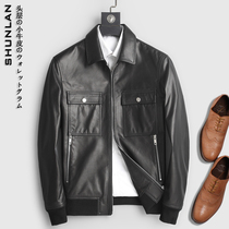 Fashionable and handsome calf leather jacket Haining leather mens lapel short casual baseball jacket