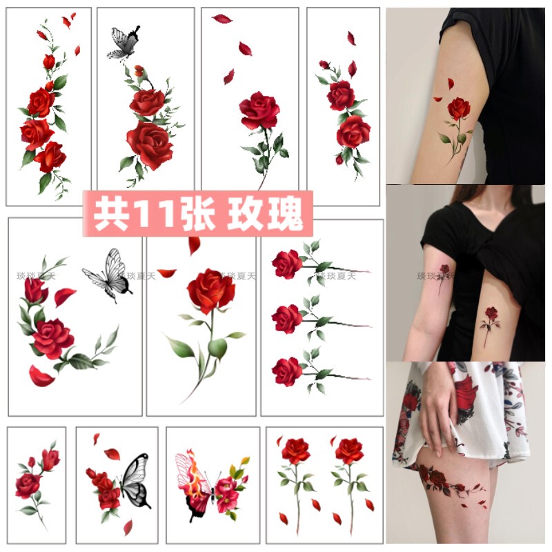 Red Rose Floral Tattoo Sticker for Arm, Fresh Pattern, Waterproof, Long-Lasting, Realistic Tattoo for Women, New Style