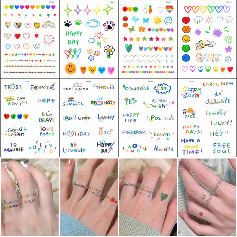 Colorful Cute Temporary Tattoo Stickers, Waterproof Finger Tattoo Stickers, Small Size Colorful English Set, Ring Tattoo Small Designs Colorful Cute Temporary Tattoo Stickers, Waterproof Finger Tattoo Stickers, Small Size Colorful English Set, Ring Tattoo Small Designs