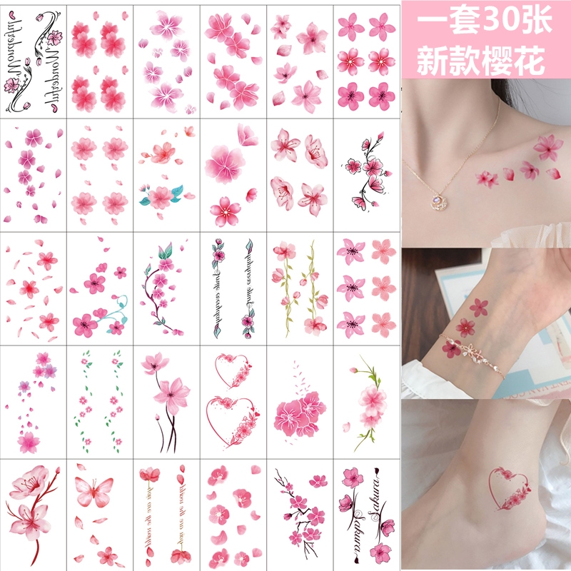 Cherry blossom tattoo sticker waterproof sweatproof women's lasting sexy flower collarbone imitation peach blossom small fresh foot tattoo