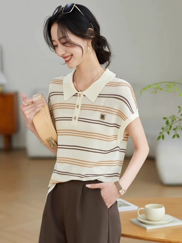 JOLIMENT Летняя футболка для отдыха, трикотажный шелковый свитер, воротник поло