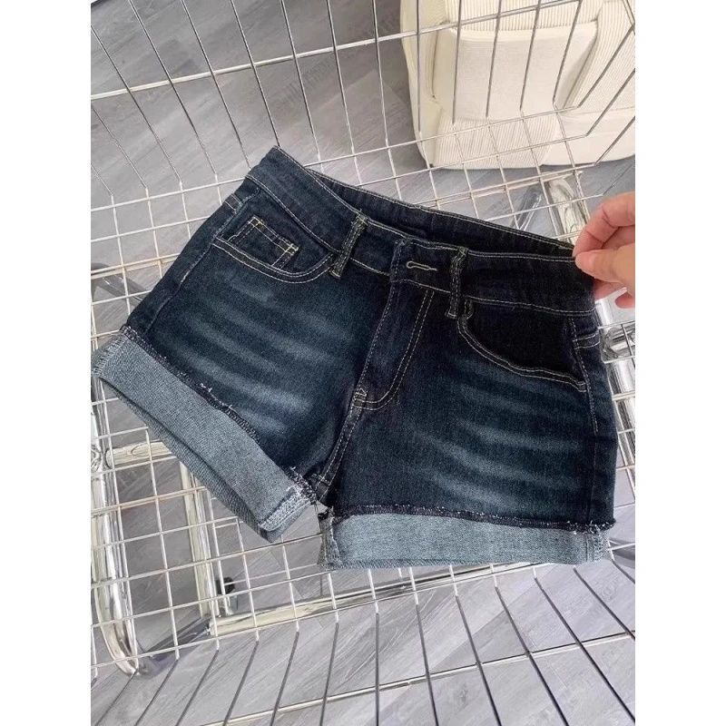 American-Style Dark Blue Denim Shorts for Women, 2025 Summer New Style, Sexy Low-Waist Slimming Rolled Hem Hip-Hugging Hot Pants