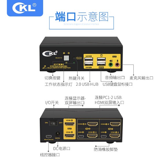 cKLkvm switcher dual-channel HDMI2.0/4K60hz video cutter two-in-one-out computer monitor key mouse sharer audio microphone USB922HUA series