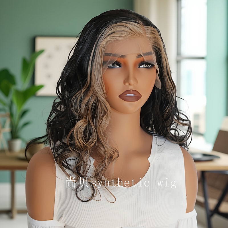 Fashionable Black Highlights with Golden High-Temperature Fiber Natural Wavy Short Curly Hair Synthetic Lace Front Women's Wig Fashionable Black Highlights with Golden High-Temperature Fiber Natural Wavy Short Curly Hair Synthetic Lace Front Women's Wig
