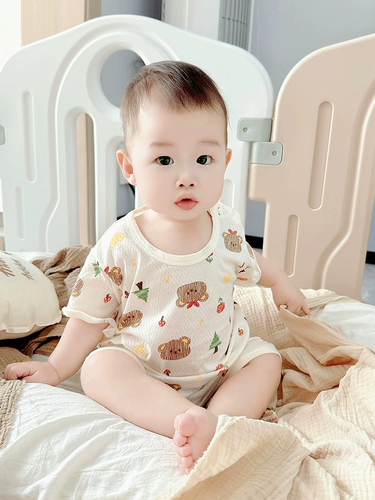 Детское хлопковое боди для мальчиков для новорожденных, летняя тонкая пижама для девочек, короткий рукав, 0-2 лет