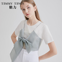 (Shopping mall same model) Sugar Power summer new white design bow fake two-piece coat womens short sleeve t-shirt