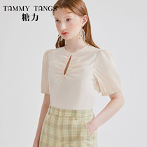 (Shopping mall same model) Sugar Power summer new rice apricot color short sleeve round neck chest pleated hollow blouse women